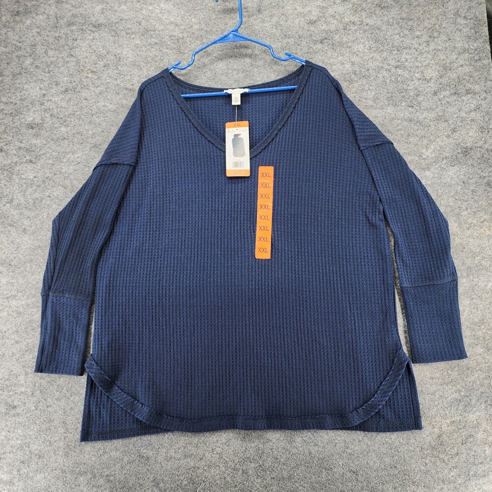 Vintage America Shirt Womens XXL Long Sleeve V Neck Blue Waffle
